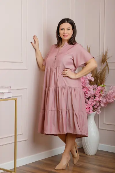 Rochie June cu aspect satinat si volane - Roz