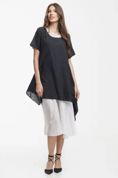Rochie lejera din bumbac cu doua straturi si croi asimetric, alb-negru
