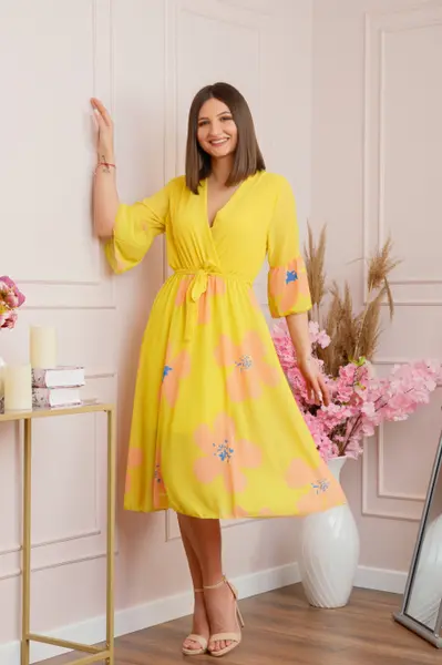 Rochie Lucy eleganta din voal cu imprimeuri florale - Galben