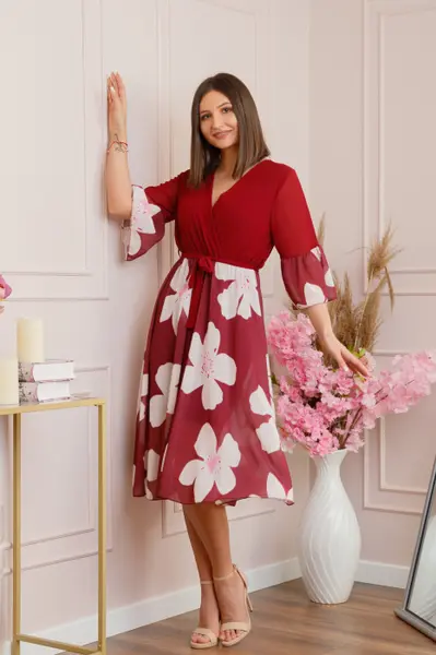 Rochie Lucy eleganta din voal cu imprimeuri florale - Grena