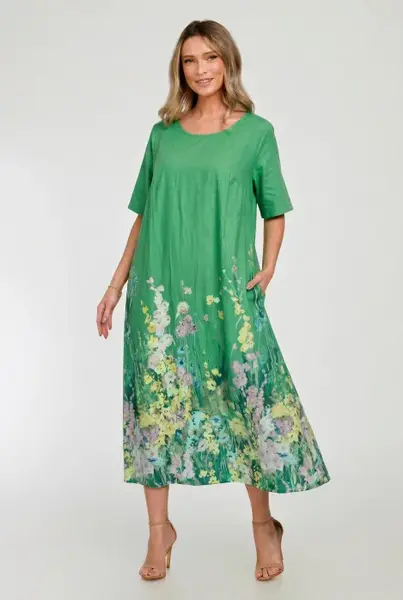 Rochie lunga A-line cu imprimeu floral, din poplin de bumbac, verde