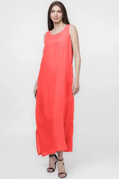 Rochie lunga A-line din in, fara maneci, corai