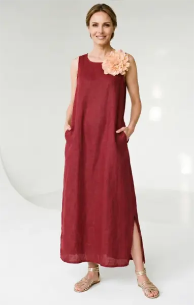 Rochie lunga A-line din in, fara maneci, rosiatic inchis