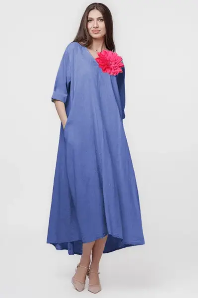 Rochie lunga A-line oversize, din in, albastru lavanda