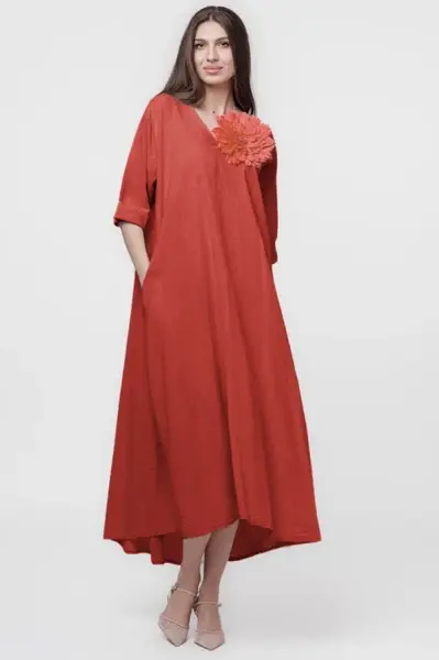Rochie lunga A-line oversize, din in, caramizie