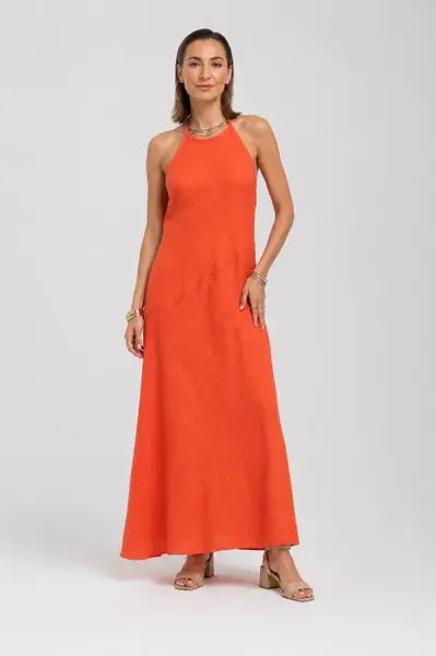 Rochie lunga, asimetrica, din in, cu spatele gol, rosu tangerine