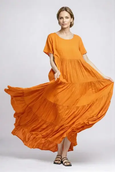 Rochie lunga, croi amplu cu patru volane, stil boem elegant, portocalie
