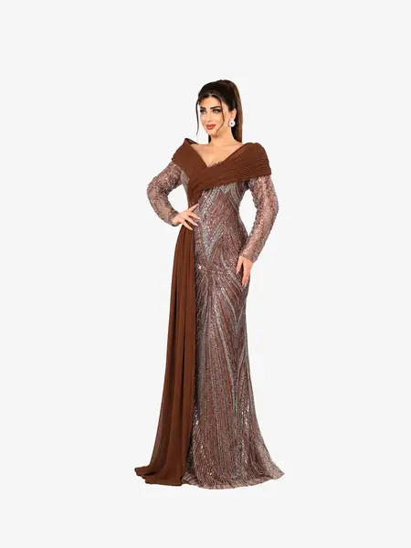 Rochie Lunga cu cristale “Calesta”, Maro - 3XL