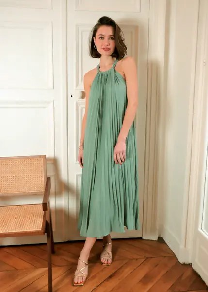 Rochie lunga cu pliuri Verde menta 4728D M8