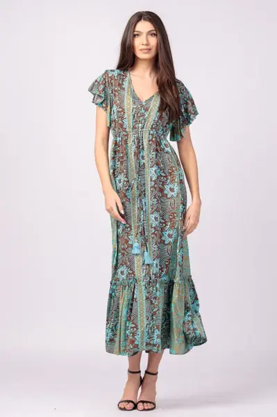 Rochie lunga cu volan si imprimeu floral, din matase indiana turcoaz- maro