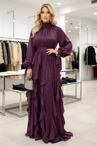 Rochie lunga cu volane Marivelle si talie marcata, Mov Intens, Marime S/M