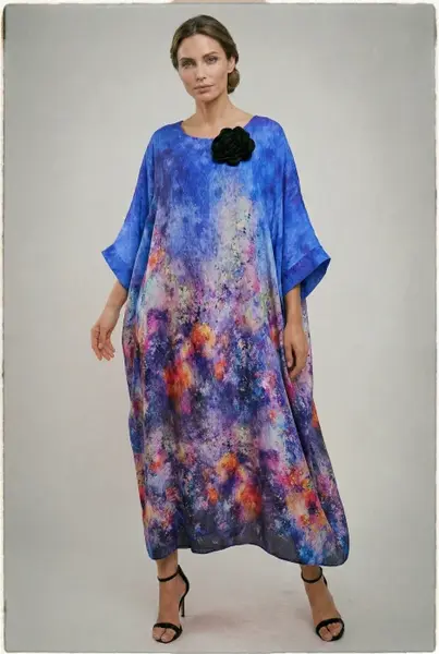Rochie lunga dama vaporoasa oversized, croi amplu tip kaftan cu imprimeu artistic multicolor albastru