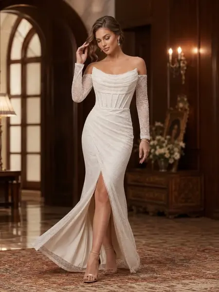Rochie lunga de cununie CORALYA, cu dantela si corset, ALB