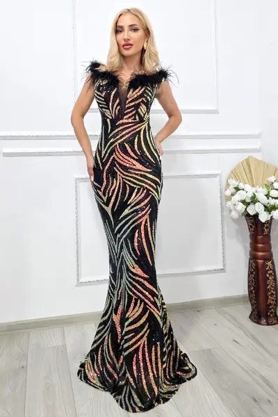 Rochie lunga de ocazie VaLLia, croi sirena, cu paiete multicolore si pene, Negru