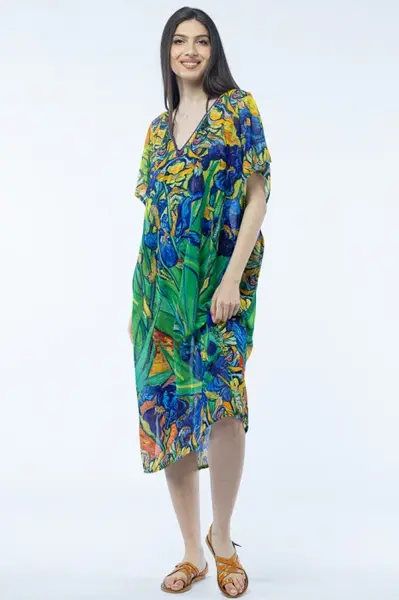 Rochie lunga de plaja tip poncho cu imprimeu dupa Irisi - de Van Gogh