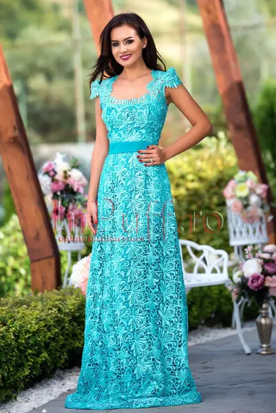 Rochie lunga de seara cu spatele gol din dantela turquoise