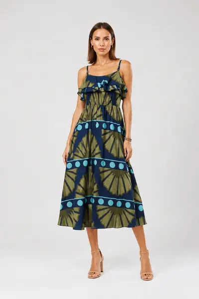 Rochie lunga din bumbac subtire cu volan pe piept siimprimeu abstract, bleumarin