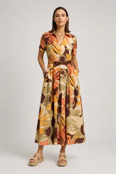 Rochie lunga din bumbac tip camasa cu imprimeu floral, cu curea