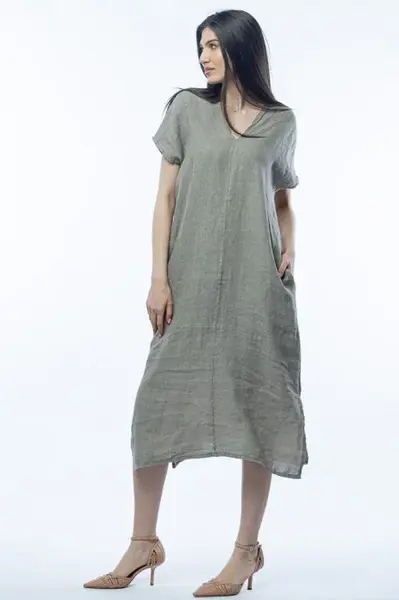 Rochie lunga din in cu funda pe spate,bej inchis