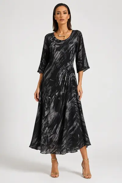 Rochie lunga din in cu imprimeu artistic si fronseu lateral, neagra