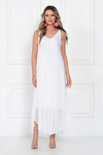 Rochie lunga din matase cu croi fluid si bretele fine, eleganta, alba