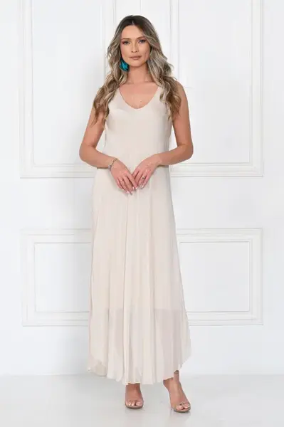Rochie lunga din matase cu croi fluid si bretele fine, eleganta, bej