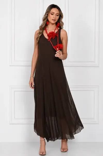 Rochie lunga din matase cu croi fluid si bretele fine, eleganta, maro inchis