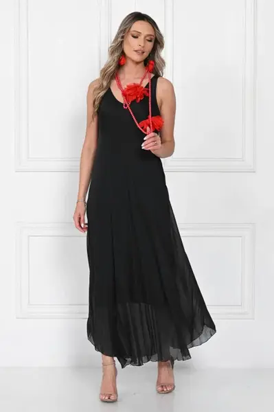 Rochie lunga din matase cu croi fluid si bretele fine, eleganta, neagra