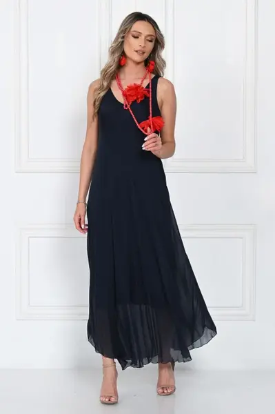 Rochie lunga din matase cu croi fluid si bretele fine, eleganta, bleumarin