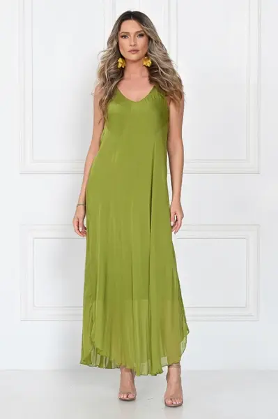 Rochie lunga din matase cu croi fluid si bretele fine, eleganta, verde olive