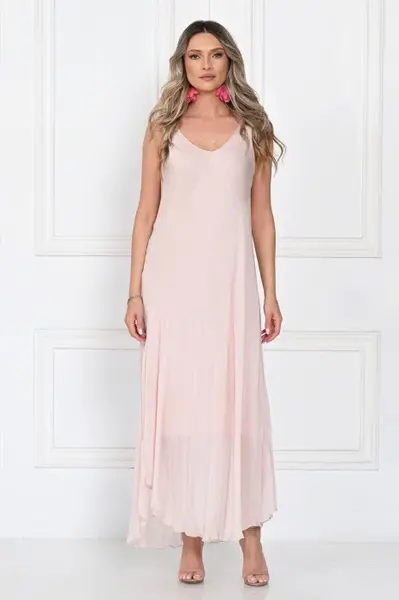 Rochie lunga din matase cu croi fluid si bretele fine, eleganta, roz delicat