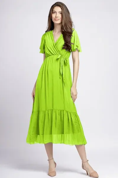 Rochie lunga din matase si vascoza, cu bust petrecut, verde kiwi