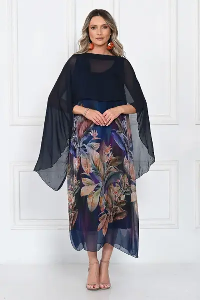 Rochie lunga eleganta A-line, cu imprimeu vegetal pe fond bleumarin