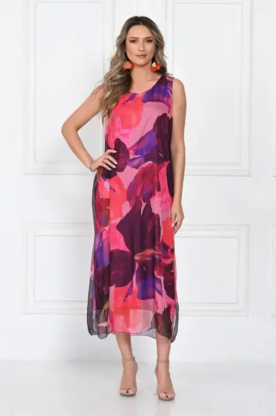 Rochie lunga eleganta din matase A-line cu imprimeu abstract multicolor roz fucsia bordo