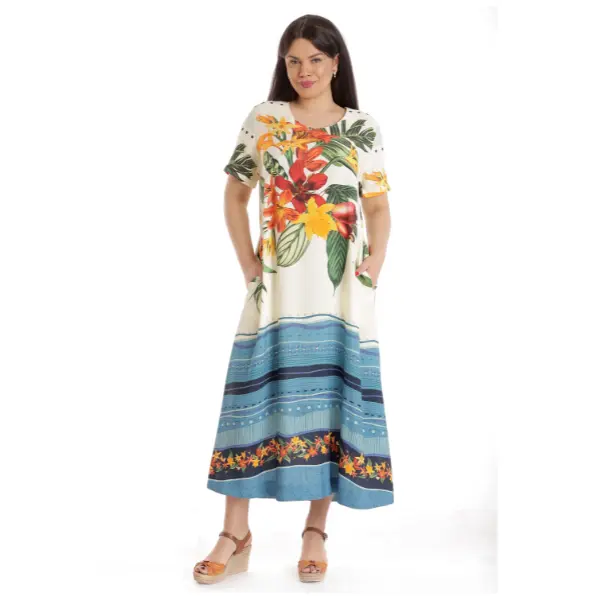 Rochie lunga ERV23V230 crem floral/albastru, Eranthe | marimea XL