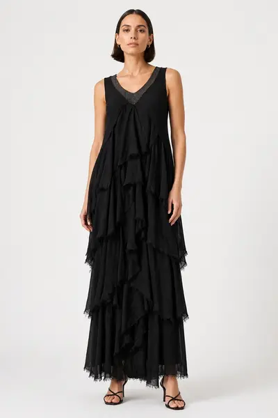 Rochie lunga fara maneci din matase cu volane suprapuse asimetrice si paiete fine la decolteu, neagra