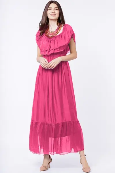 Rochie lunga, fucsia, din matase si vascoza, cu volan pe umeri