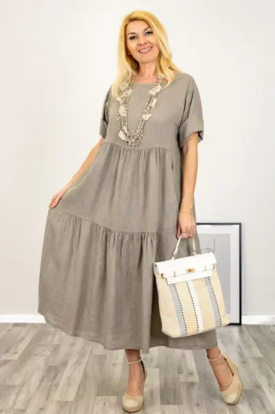 Rochie lunga oversize din in, cu volane, bej inchis