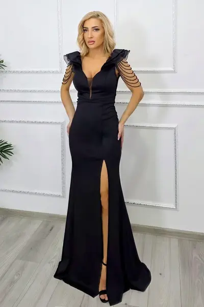 Rochie lunga, siraguri din cristale Valerina cu trena, Negru