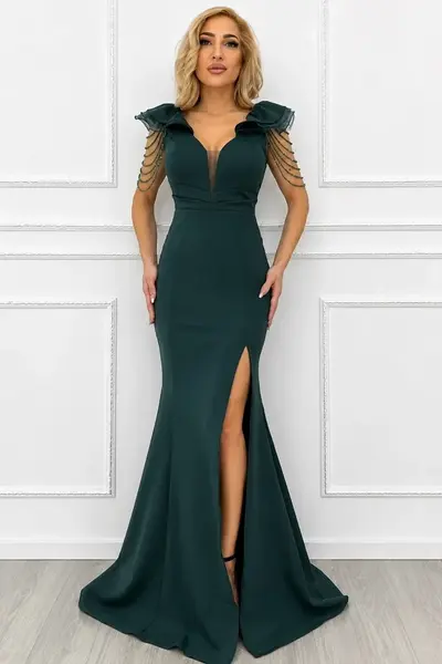 Rochie lunga, siraguri din cristale Valerina cu trena, Verde, Marime S/M