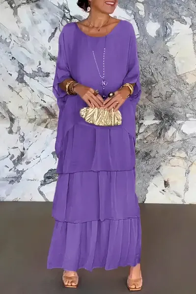 Rochie lunga suprapusa din matase si vascoza, cu trei volane mari si maneca cazuta, mov