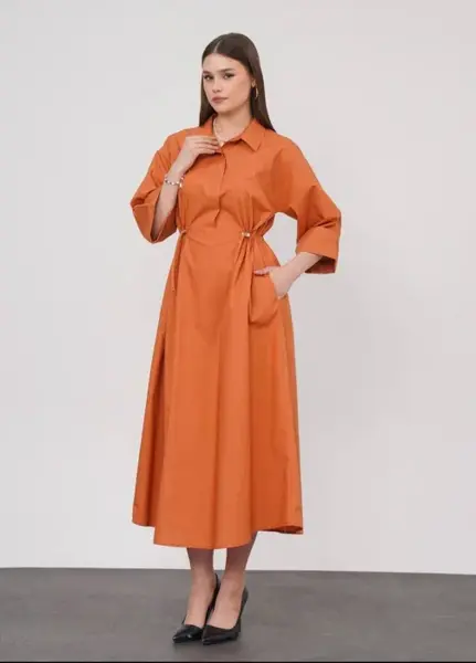 Rochie lunga tip camasa din poplin satinat de bumbac, caramizie