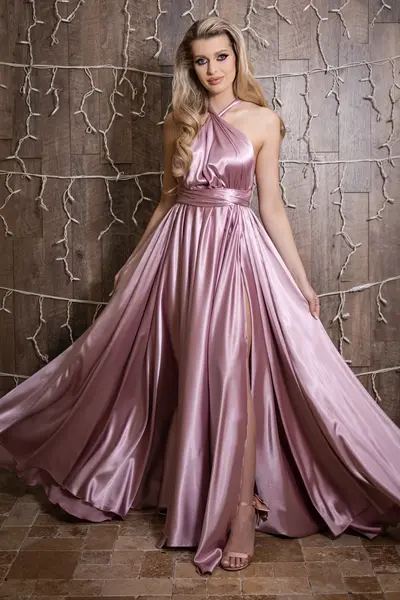 Rochie lunga Versatila din Satin, cu diverse moduri de purtare, Roz