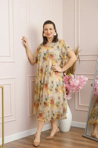 Rochie Margot din voal cu baza asimetrica si imprimeu floral bej