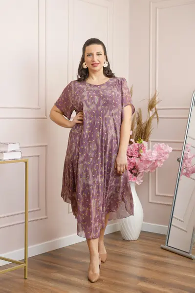 Rochie Margot din voal cu baza asimetrica si imprimeu floral lila
