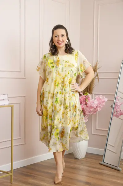 Rochie Margot din voal cu baza asimetrica si imprimeu floral galben