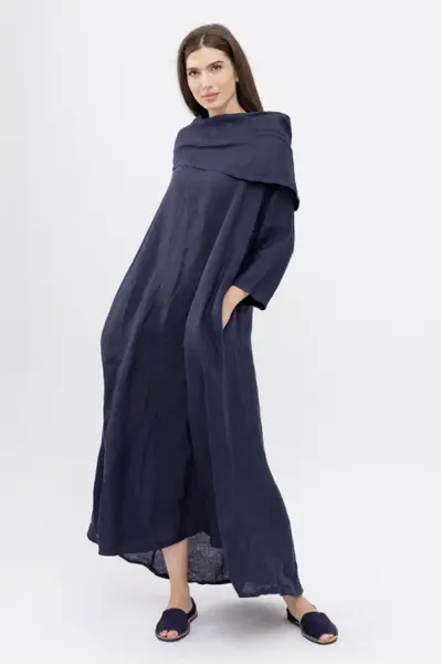 Rochie maxi, A-line, din in, cu guler amplu, bleumarin