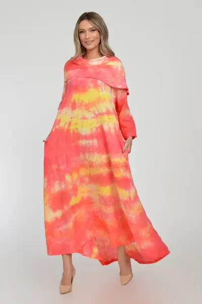 Rochie maxi, A-line, din in, cu guler amplu, cu imprimeu boem tie-dye corai