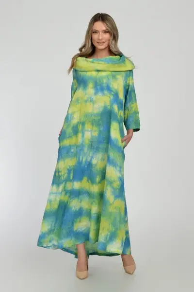 Rochie maxi, A-line, din in, cu guler amplu, cu imprimeu boem tie-dye galben-turcoaz