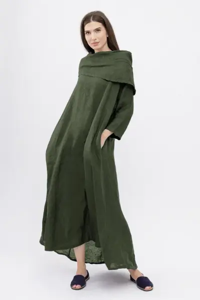 Rochie maxi, A-line, din in, cu guler amplu, kaki